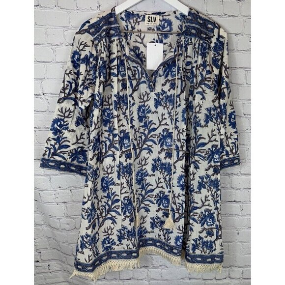 NWT SLV SUR LA VAGUE Blue Floral Cotton Long Sleeve Mini Dress Tunic One Size - Picture 1 of 8
